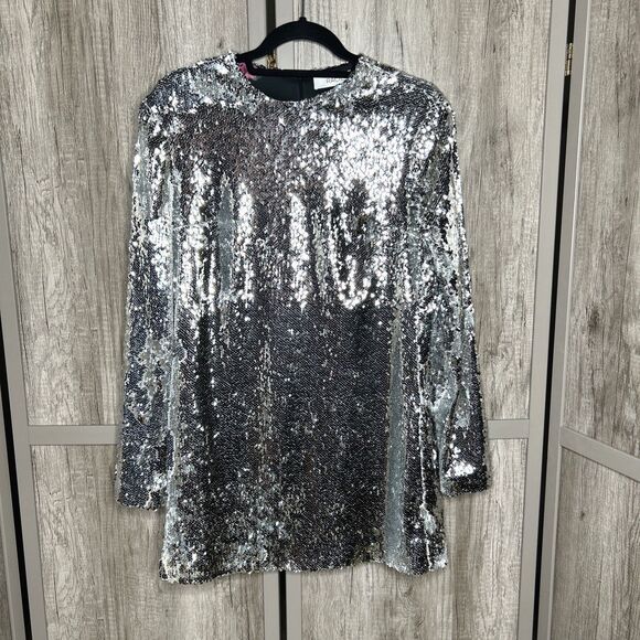 RACIL Silver Sequined Dress Mini Formal Party Cocktail Long Sleeves Size 38 - Picture 1 of 7